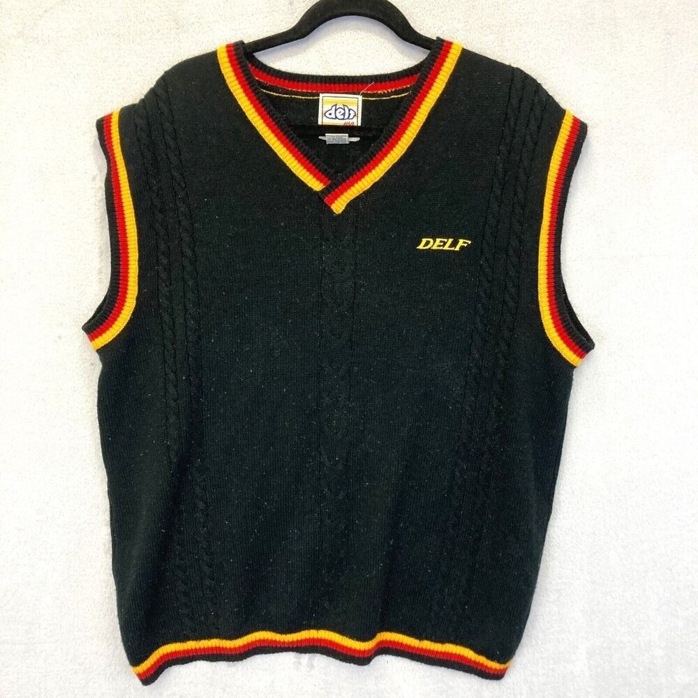 Delf USA Vintage Knit Sweater Vest Mens XL Black Red Hip Hop‎ Retro 90s Y2K